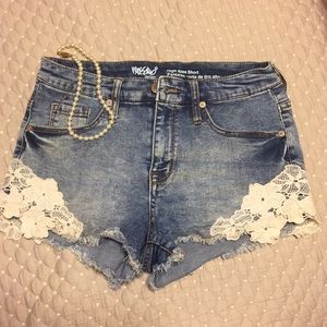 High rise cut off denim lace shorts